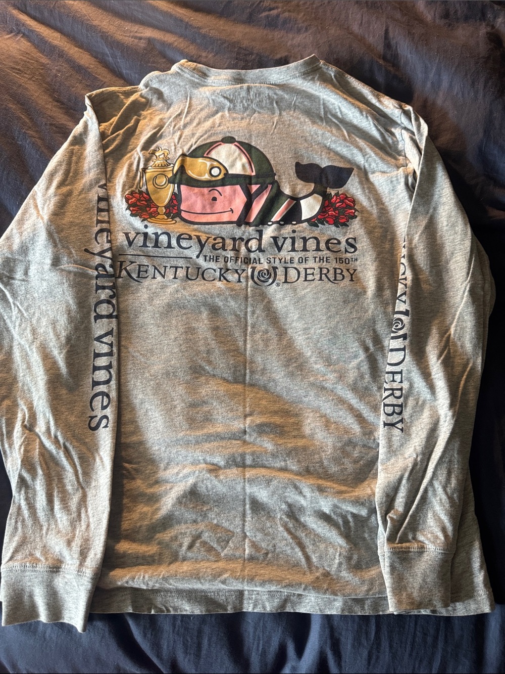 Vineyard Vines Gray Long Sleeve Tee with Pink Whale and Gold Trophy